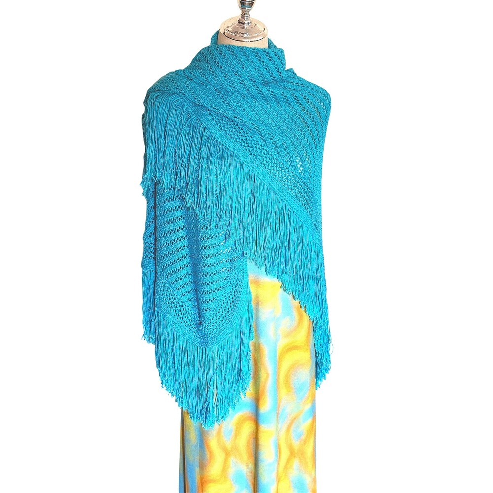 Vintage Elizabeth Gilbert NYC Turquoise Crochet Fringe Wrap Scarf  OS